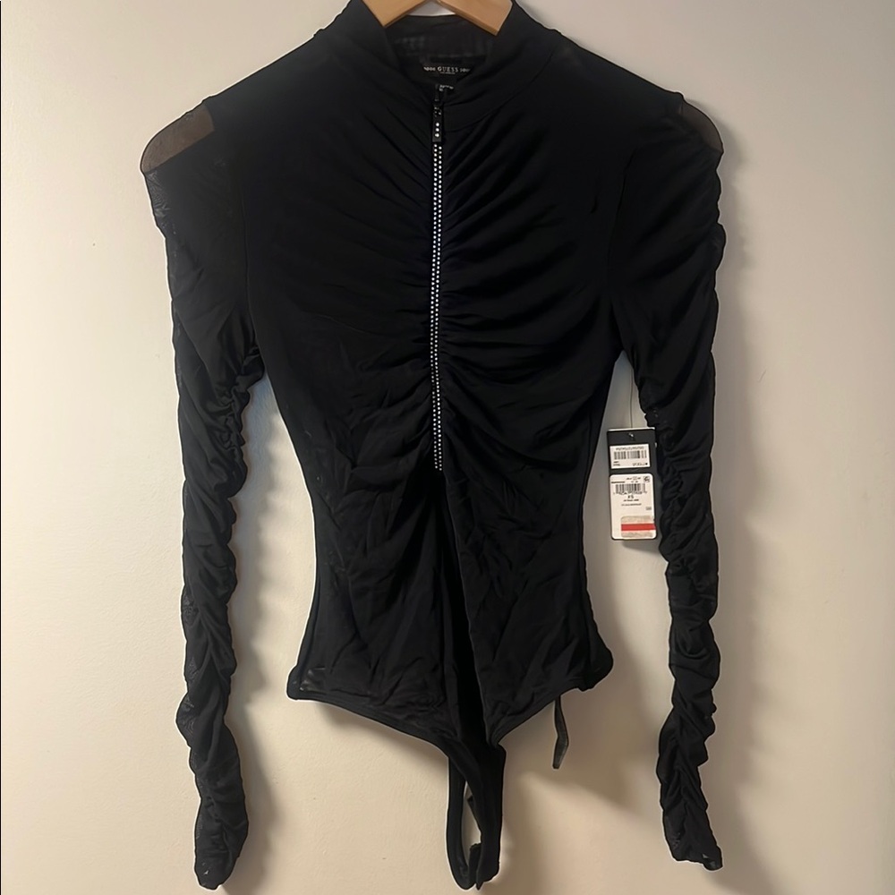 GUESS Black Ruched Zip-Front Long Sleeve Bodysuit